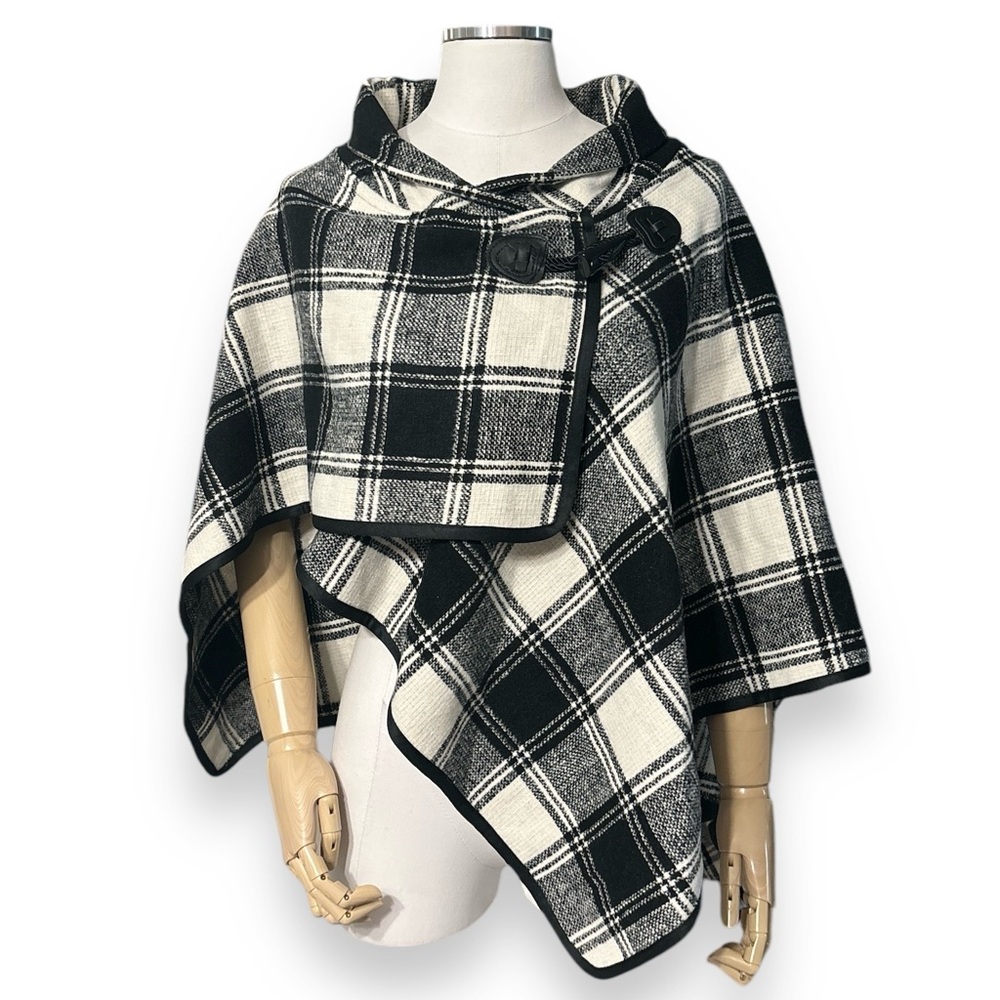 COCO + CARMEN Asymmetrical Black & White Plaid Cape